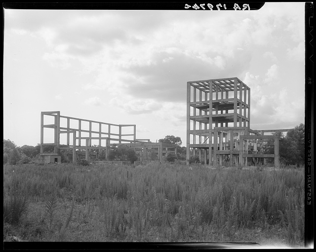 Square-patterned frame of abandoned alcohol refinery, surrounded by knee-high forbs